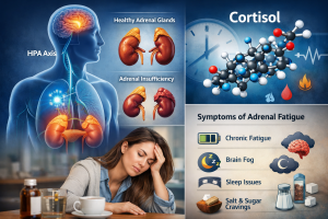 Illustration of adrenal glands, cortisol hormone, and symptoms of adrenal fatigue including fatigue, brain fog, and sleep issues.