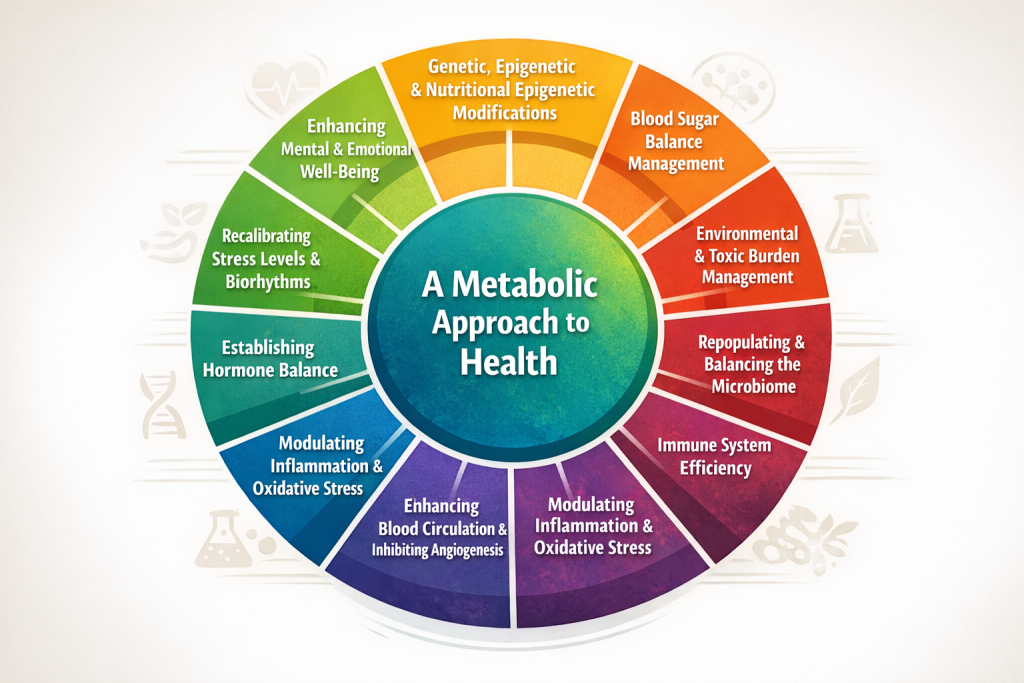 Metabolic approach to health wheel showing ten pillars including blood sugar balance, microbiome health, hormone balance, inflammation control, detoxification, immune function, circulation, stress regulation, genetics, and emotional wellbeing.