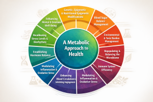Metabolic approach to health wheel showing ten pillars including blood sugar balance, microbiome health, hormone balance, inflammation control, detoxification, immune function, circulation, stress regulation, genetics, and emotional wellbeing.