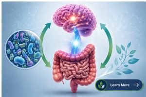 Visual representation of the gut-brain axis showing communication between digestive system and brain