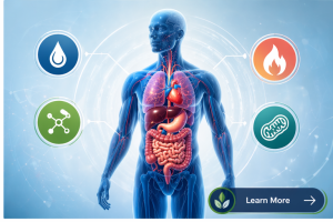 Diagram of metabolic health systems including blood sugar, inflammation, hormones, and gut health