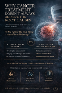 Infographic showing why cancer treatment doesn’t address root causes, comparing conventional oncology with metabolic dysfunction, inflammation, and immune imbalance.