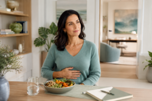 Woman seated at a table after a healthy meal with her hand on her abdomen, representing persistent bloating after eating and digestive discomfort