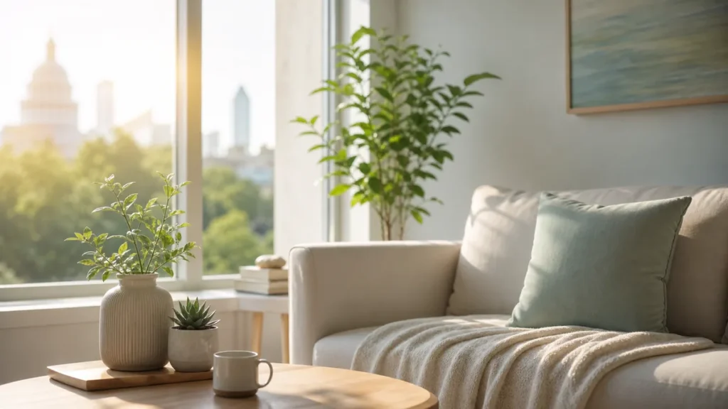 Soft natural light in a calm home interior, representing recovery and environmental medicine care for mold-related fatigue in Austin