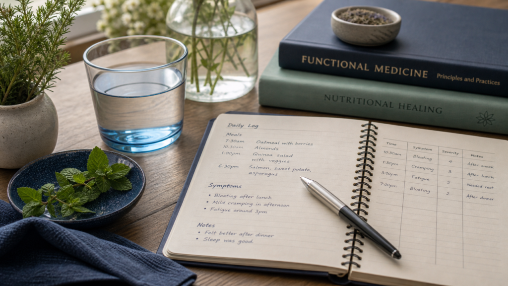 Journal with handwritten notes tracking digestive symptoms before an integrative medicine evaluation